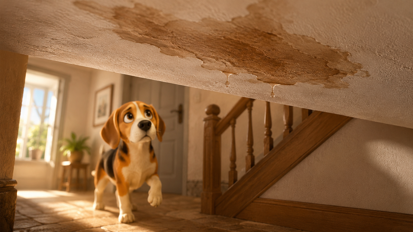 Tache d'humidité au plafond causée par une tuile cassée