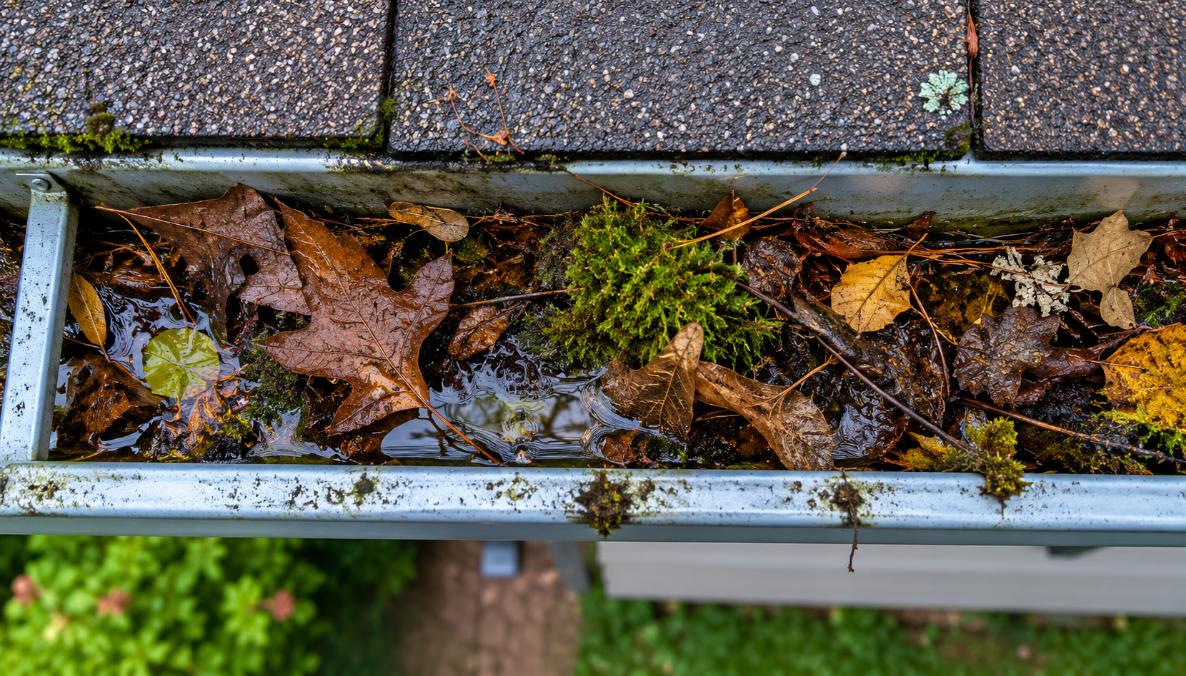 Gouttière obstruée par les feuilles mortes et la mousse