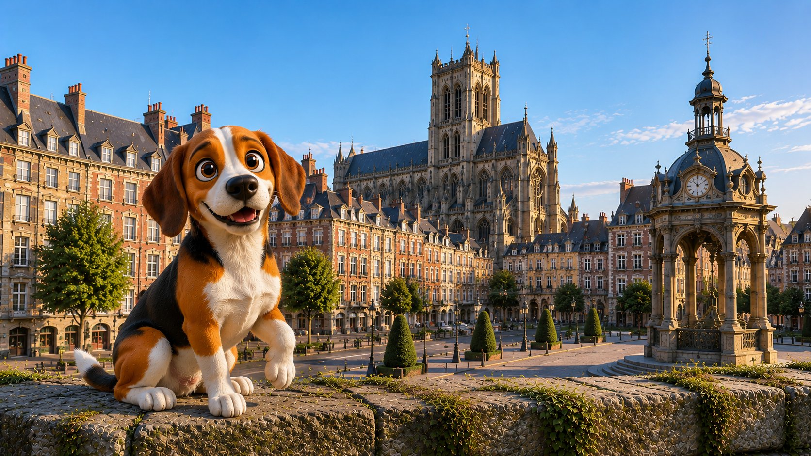 Gap, la mascotte Agapy, devant la cathédrale Notre-Dame de Saint-Quentin